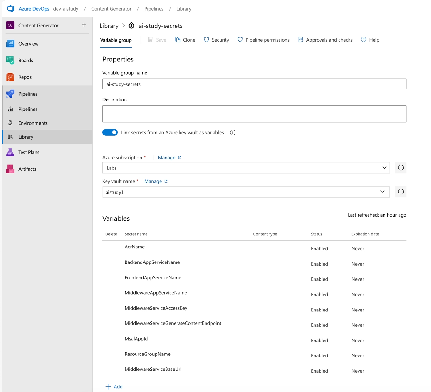 screenshot of linking variable group to an Azure Key Vault in Azure DevOps portal