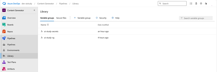 screenshot of Library in Azure DevOps project