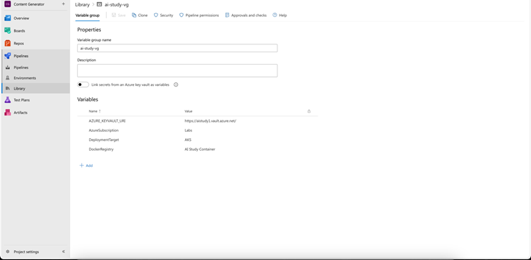 screenshot of Variable Group fields Azure DevOps project