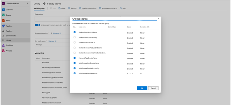 screenshot of secrets settings in Azure DevOps project