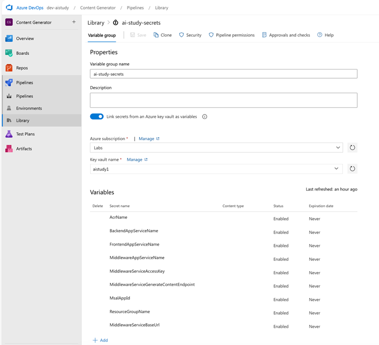 screenshot of Azure Key Vault variables in Azure DevOps project