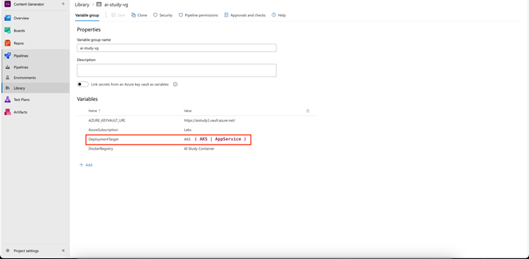 screenshot of deployment target variable setting in Azure DevOps project