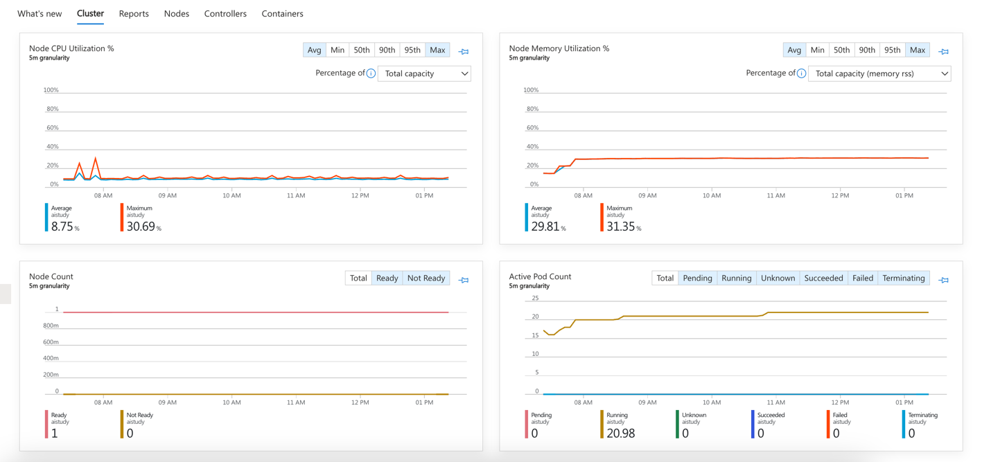 Azure showing CPU, memory usage, node and pod-level resource usage