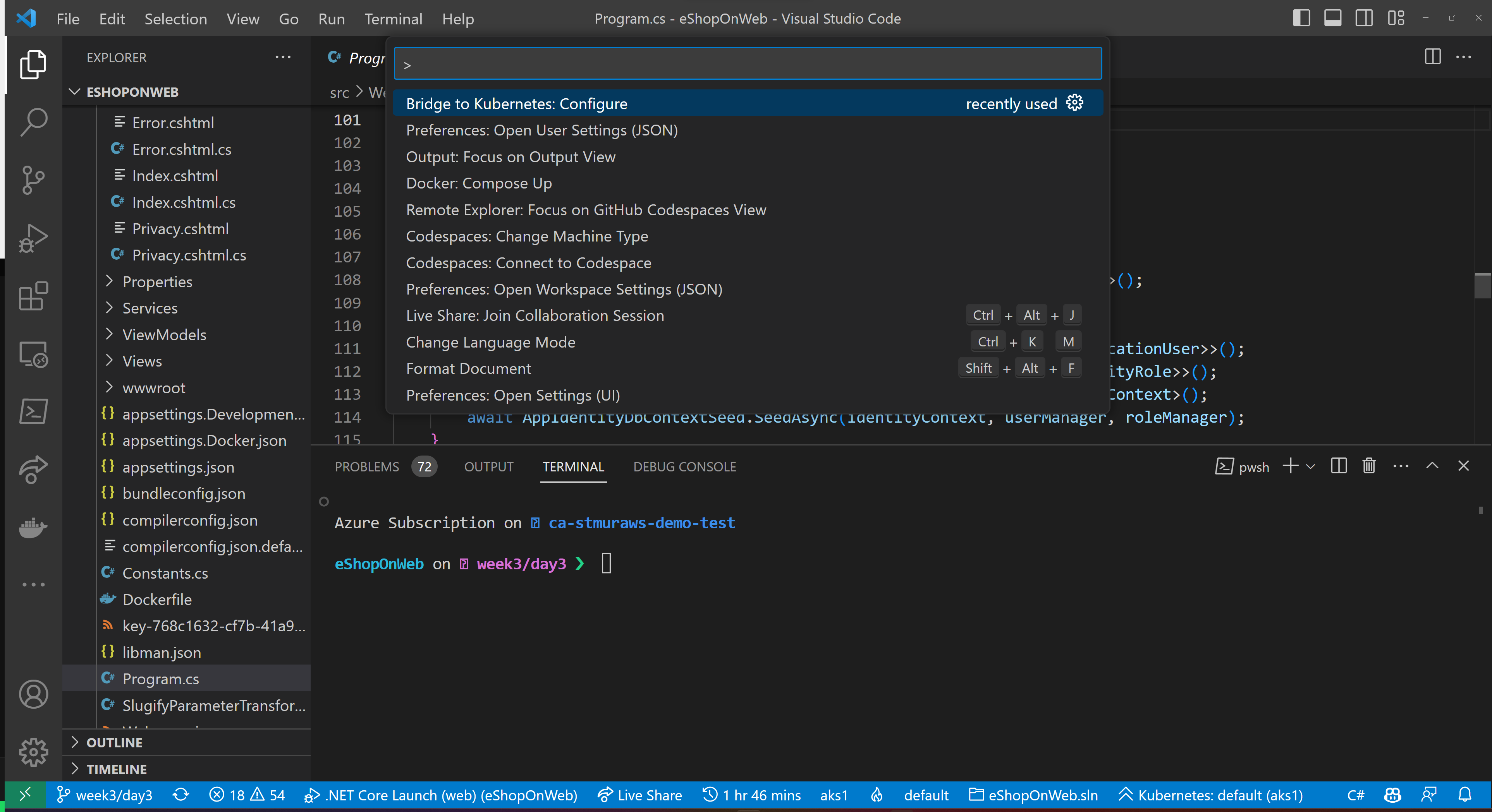 The command palette for Visual Studio Code is open and the first item is Bridge to Kubernetes: Configure