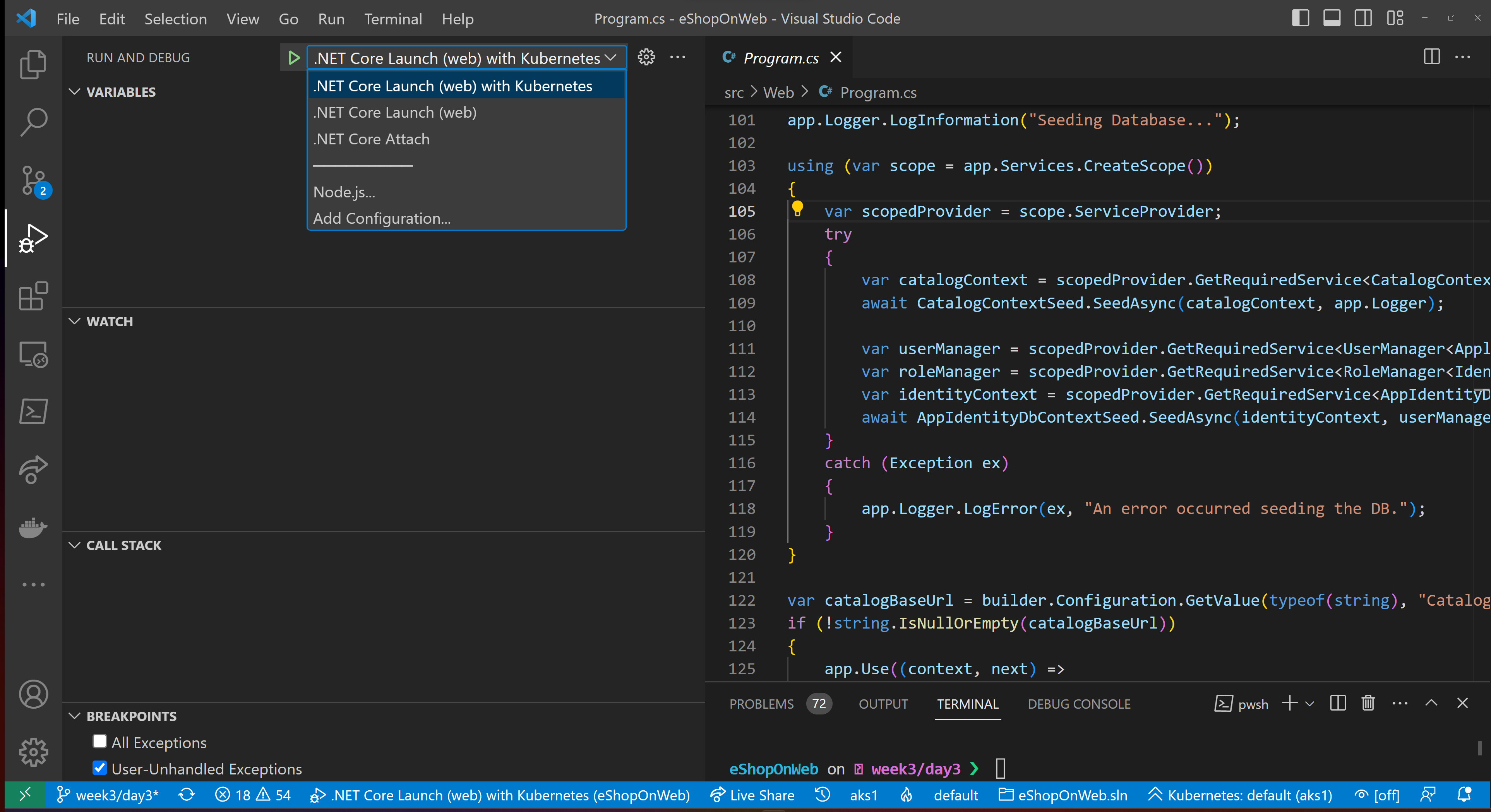Launch the `.NET Core Launch (web) with Kubernetes` from the Debug pane in Visual Studio Code