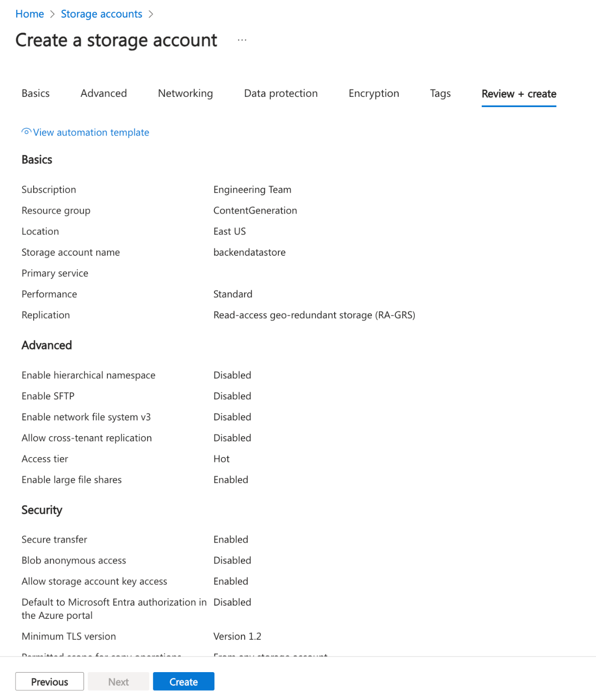 image of storage account in Azure Portal