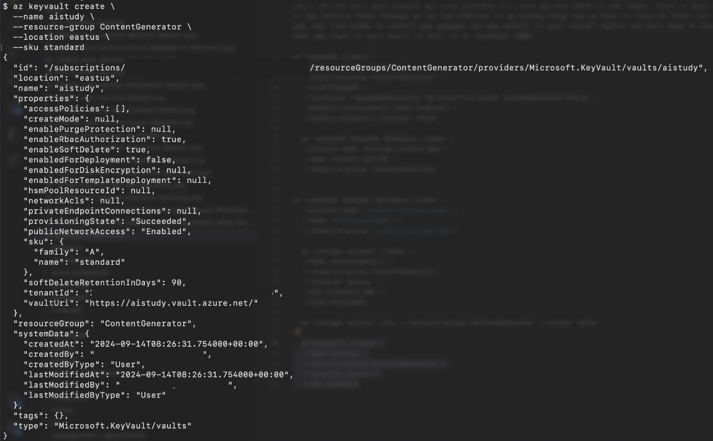 image of terminal response to creating the Azure key vault