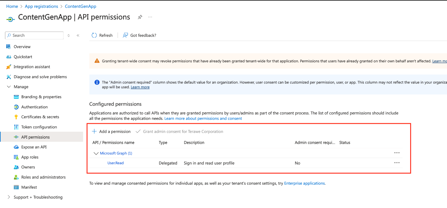 image of API permissions configuration