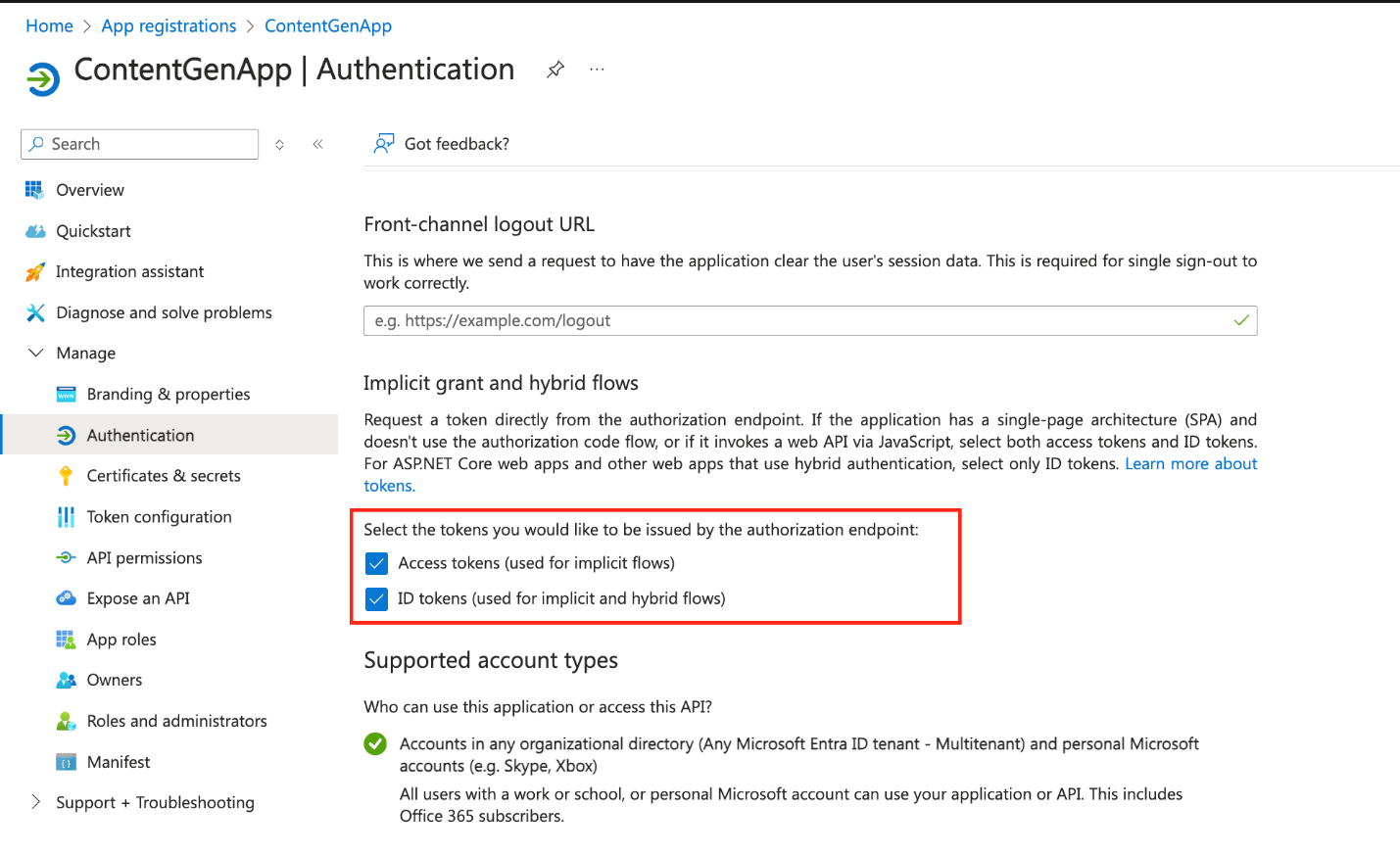 image in Azure Portal of authentication settings configuration