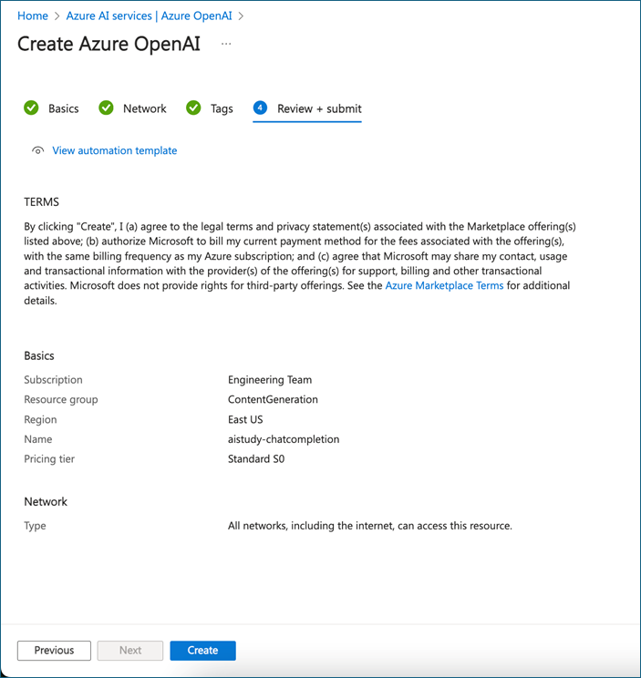 The &quot;Create Azure OpenAI&quot; screen in the Azure portal.