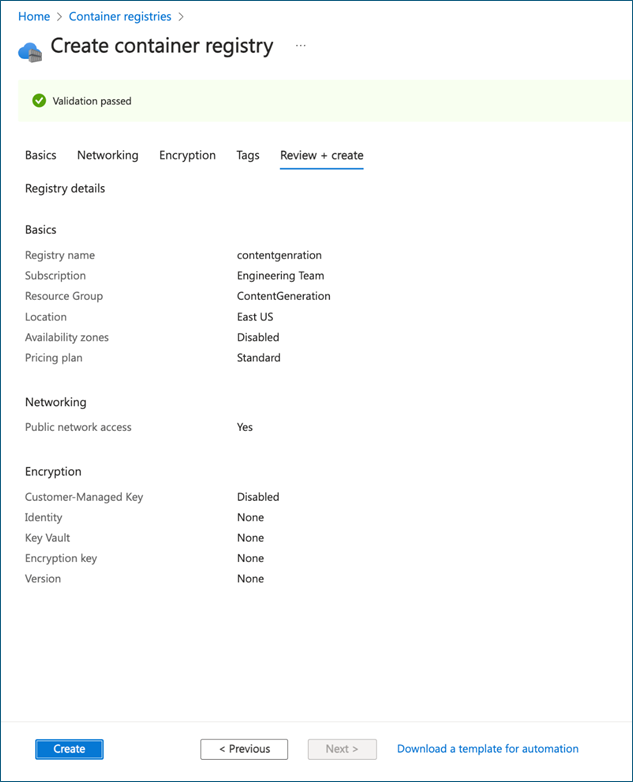 The &quot;Create container registry&quot; screen in the Azure portal.