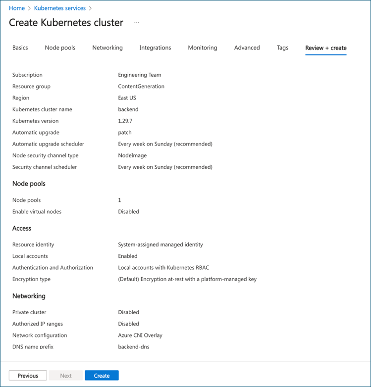 The &quot;Create Kubernetes cluster&quot; screen in the Azure portal.