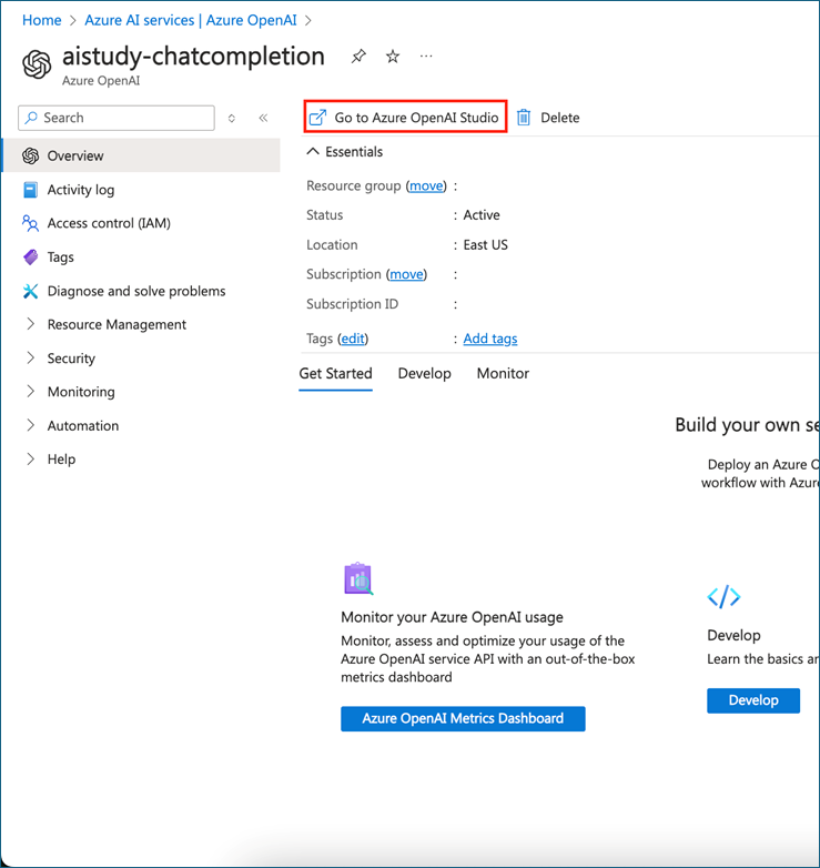 The &quot;aistudy-chatcompletion&quot; screen in the Azure portal, with the focus on &quot;Go to Azure OpenAI Studio.&quot;