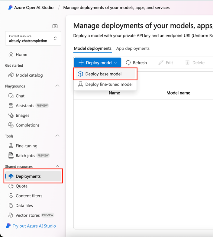 The &quot;Manage deployments of your models...&quot; screen in the Azure portal, with the focus on &quot;Deployments&quot; and &quot;Deploy base model.&quot;