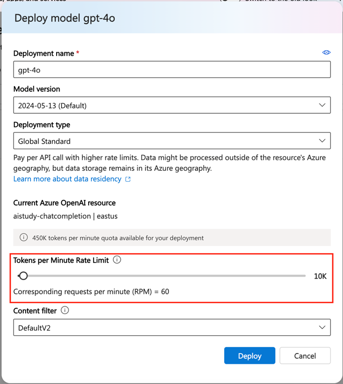 alt: The &quot;Deploy model gpt-4o&quot; screen in the Azure portal, with the focus on &quot;Tokens per Minute Rate Limit.&quot;