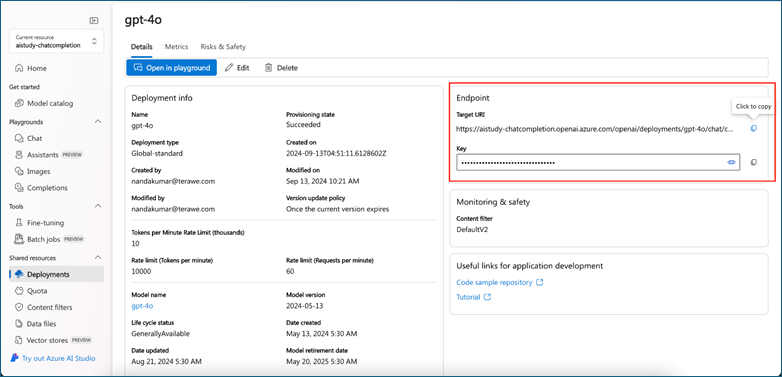 The &quot;gpt-4o&quot; screen in the Azure portal, with the focus on &quot;Endpoint.&quot;