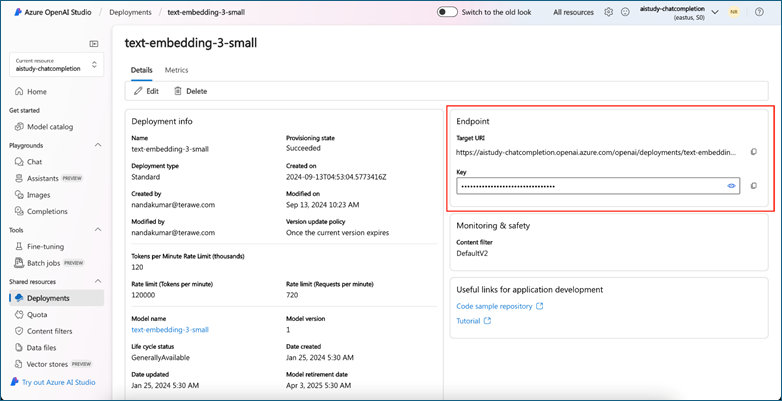 The &quot;text-embedding-3-small&quot; screen in the Azure portal, with the focus on &quot;Endpoint.&quot;