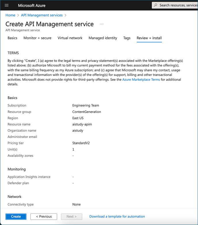 The &quot;Create API Management service&quot; screen in the Azure portal.