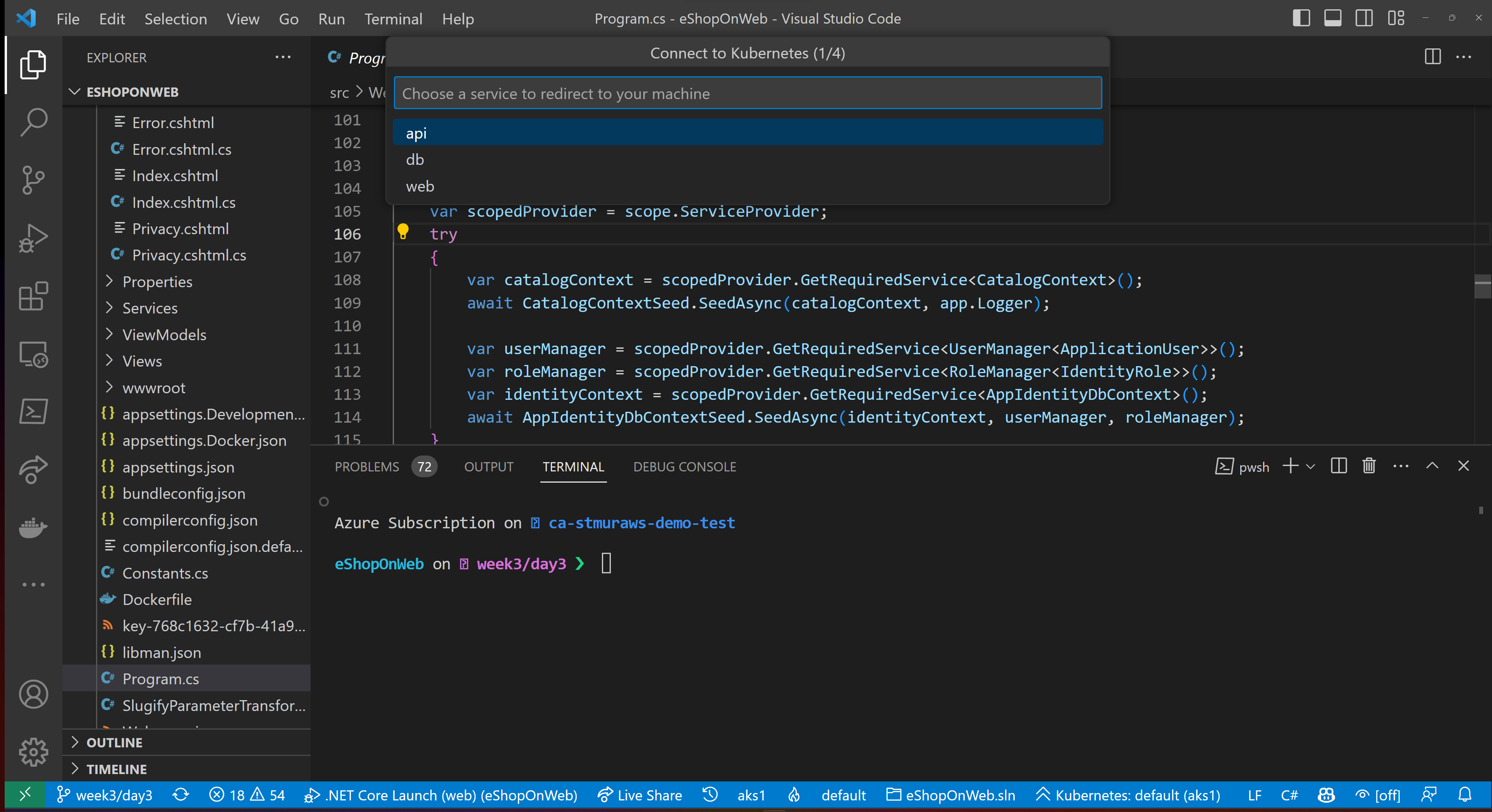 Selecting the `web` service to redirect in Visual Studio Code