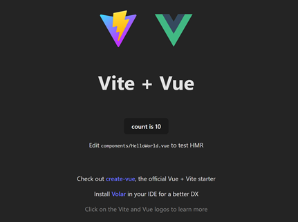 the Vite + Vue welcome page displays both logos and provides links to create-vue and Volar.