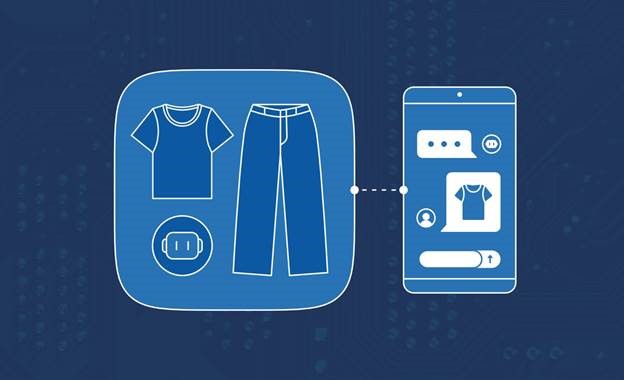 A minimalist graphic features a t-shirt, pants, and robot head in a rounded square, connected by broken line to a smartphone that displays a chatbot conversation.