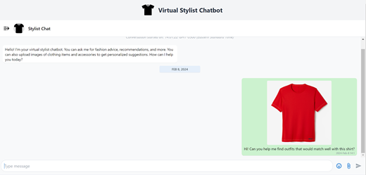 The Virtual Stylist Chatbot sends a greeting message that invites the user to request fashion advice and recommendations. The user responds with an image of a red t-shirt and a request to find a matching outfit.