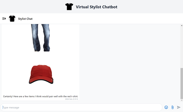 The Virtual Stylist Chatbot returns a message with images of jeans and a red baseball cap