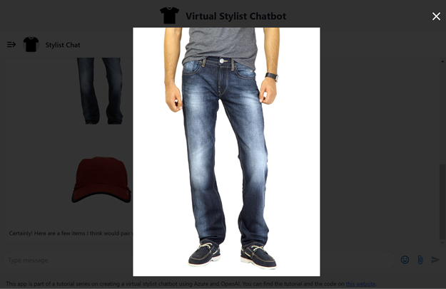 The full-size photo of the jeans includes a partially visible torso and arms.