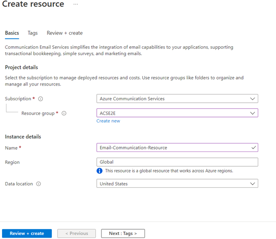 image of Email Communication Services resource fields in Azure