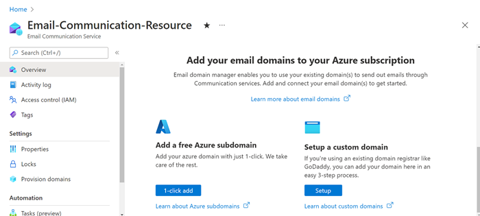 image of Email Communication Services configurations in Azure