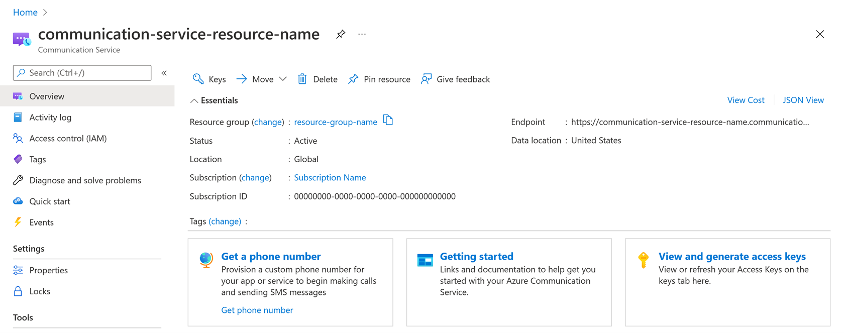 image of Email Communication Services resource once configured in Azure
