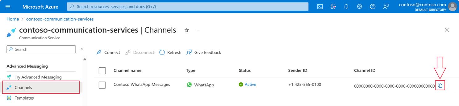 image of Email Communication Services configuration channels in Azure