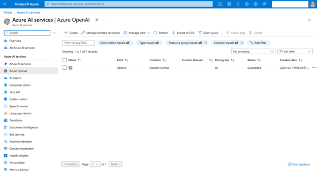 The Azure OpenAI service page lets the user create a new service.
