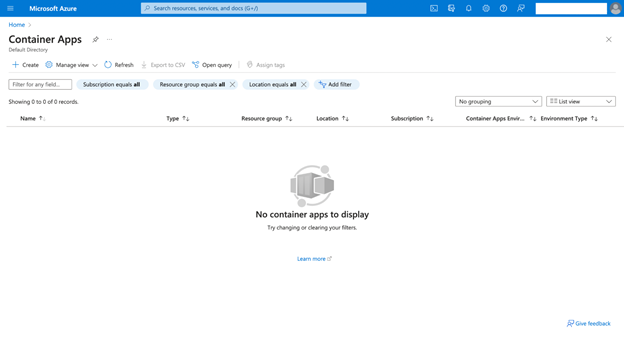 The Container Apps page in the Azure portal.