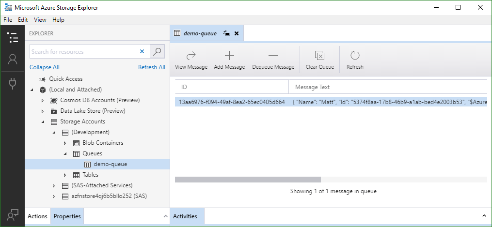 Screenshot of Azure Storage Explorer with the new message in the queue