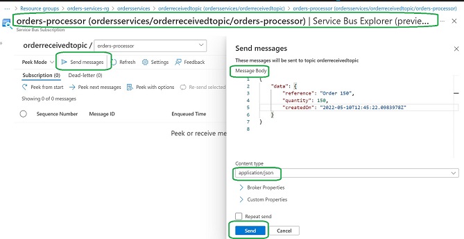 Image showing publishing messages from Azure Service