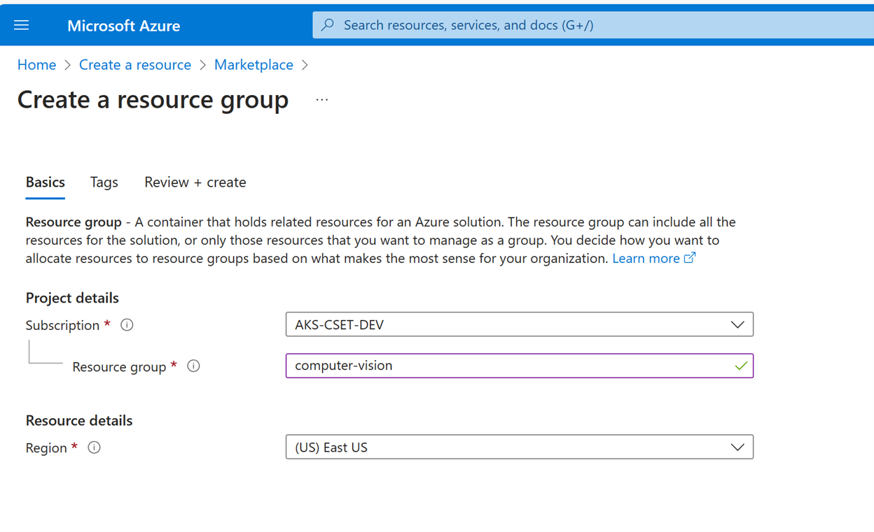image in Azure Portal of creating a new resource group