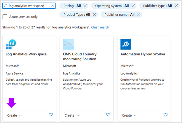 image of log analytics workspace results in Azure resources search
