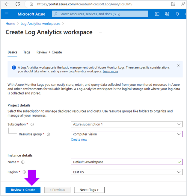 image of log analytics workspace settings in Azure