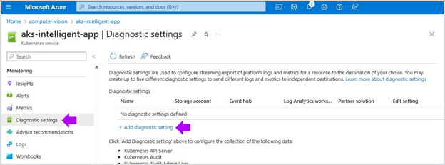 image of location for diagnostics settings in Azure