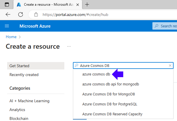 image of a searching for Azure Cosmos DB in Azure