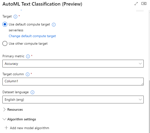 image of AutoML Text Classification settings