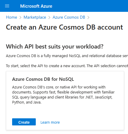 image of creating Azure Cosmos DB API for NoSQL