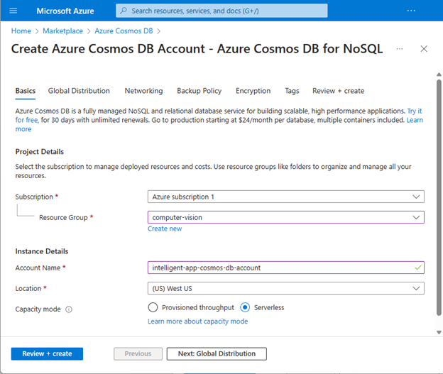 image of adding settings for the new account in Azure