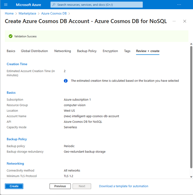image of reviewing settings for the new account in Azure