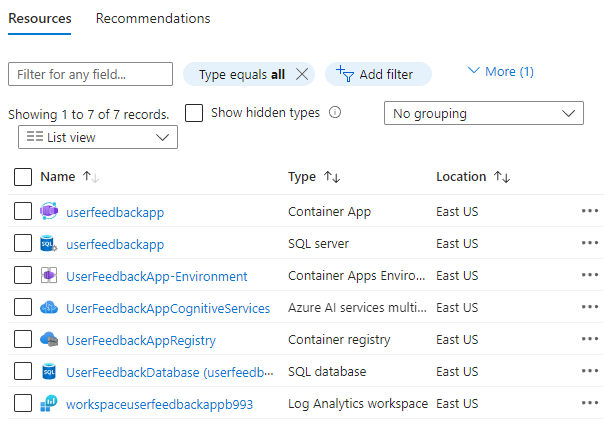 image of resources list in Azure