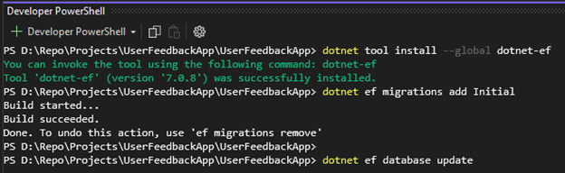 image of commands in Developer PowerShell window