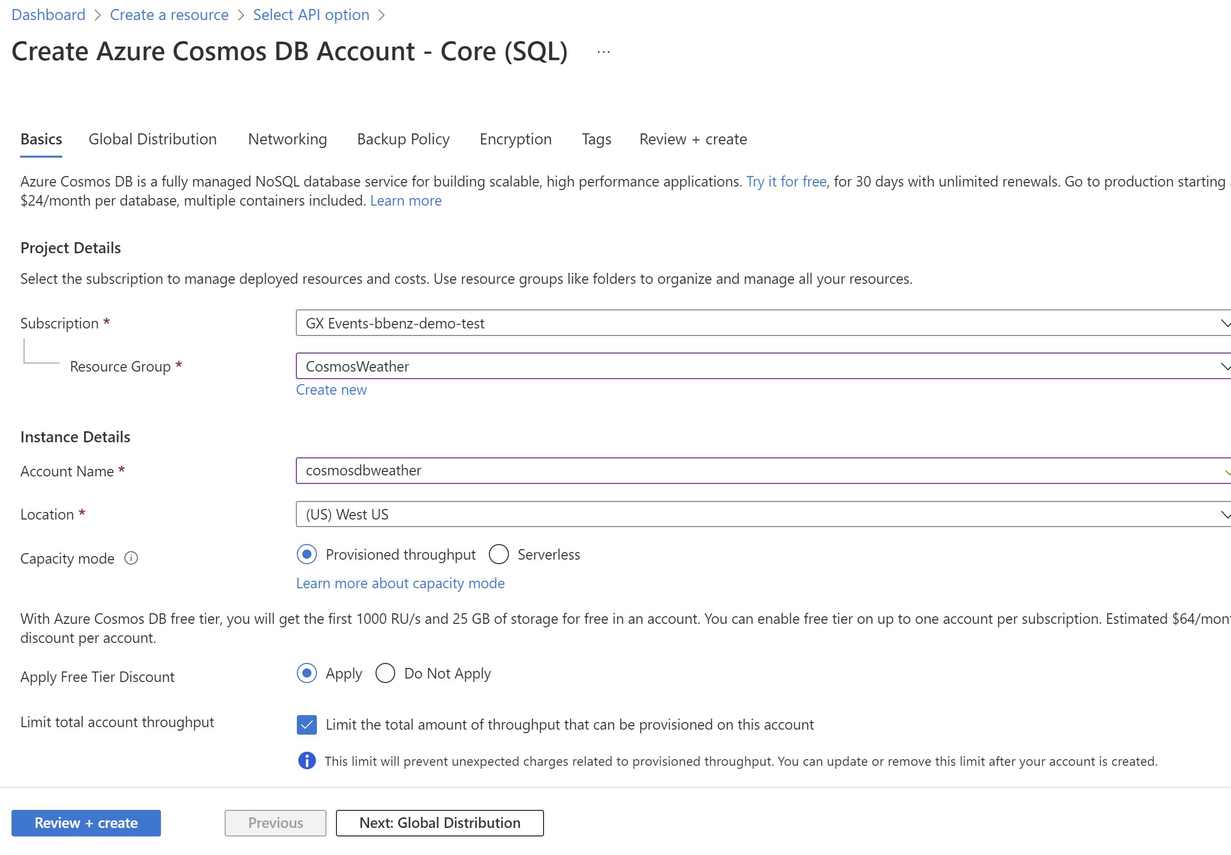 Setup the CosmosDB account