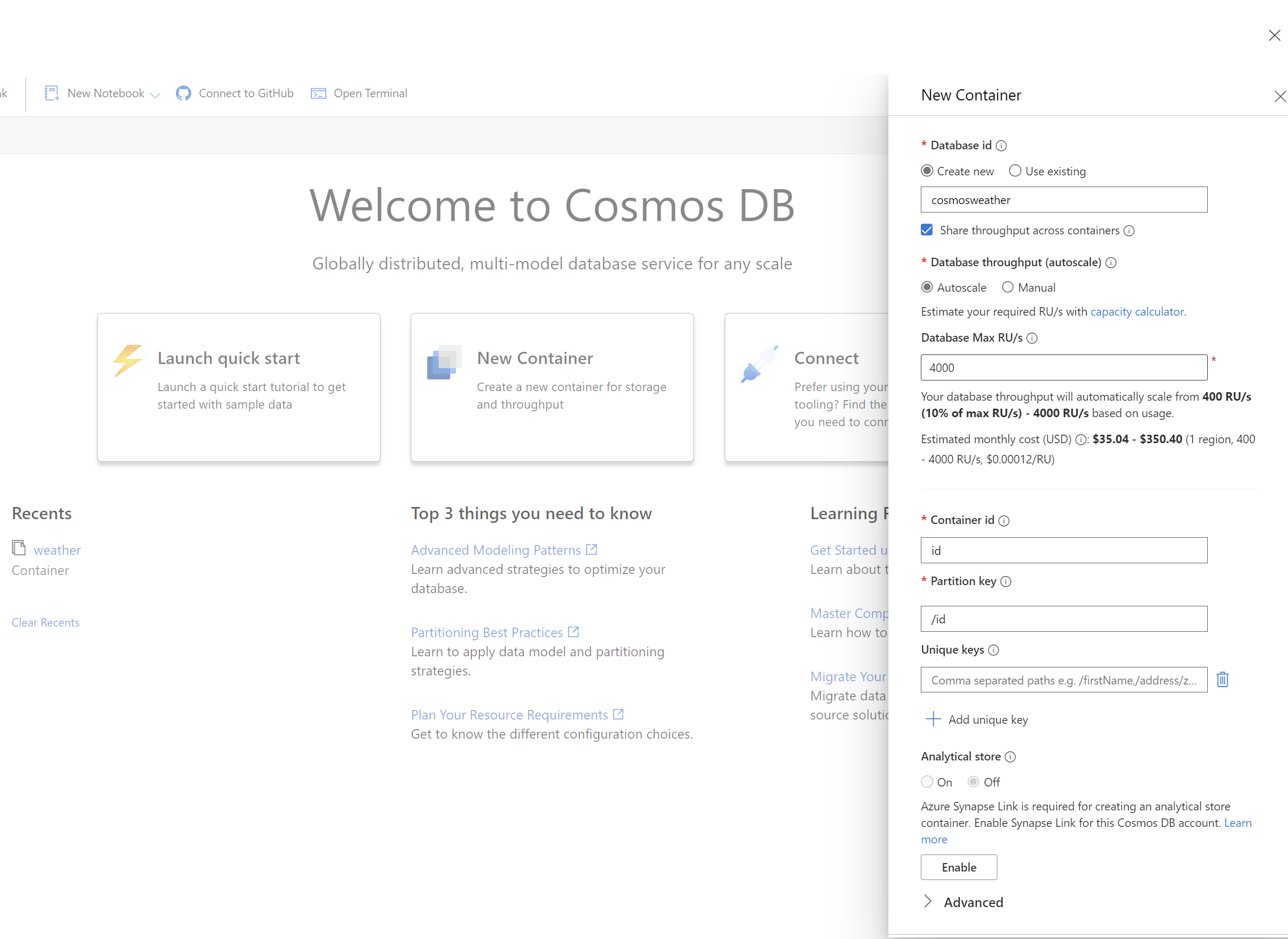 Setup the CosmosDB Container