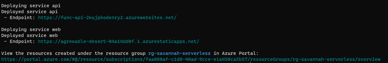 Terminal output displaying successful deployment of API and web services, with endpoints and resource group details.